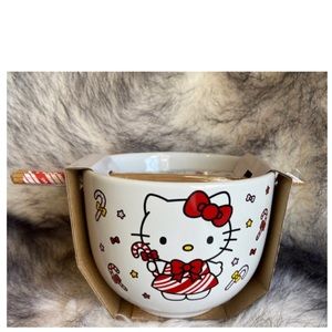 NEW Hello Kitty Christmas Red Bow Candy Cane Ramen Bowl With Chopsticks